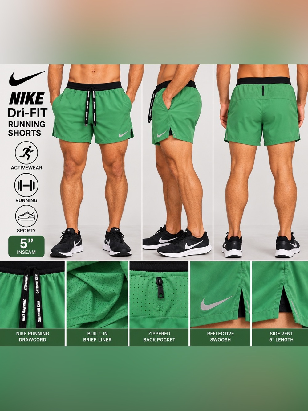 Nike Dri-FIT Running Shorts Men’s Large Green 5” Brief Lined Athletic
